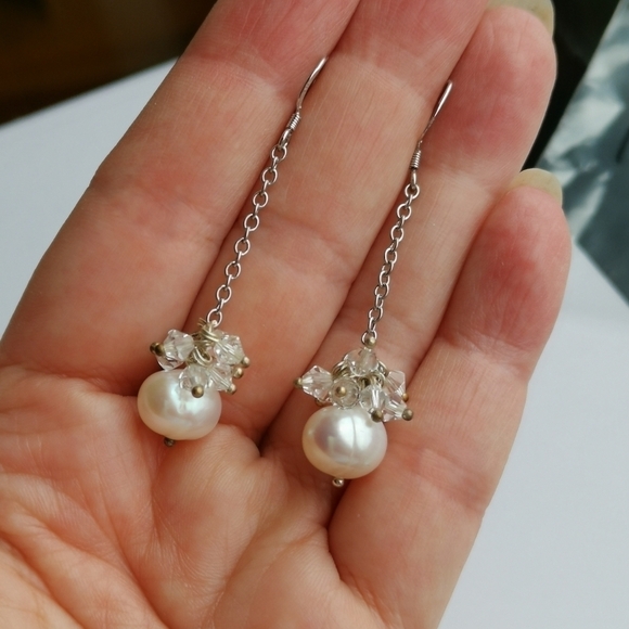 Sterling silver crystal dangle drop earrings white freshwater pearl 🆕 - Picture 3 of 6